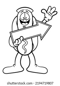 Cartoon illustration of Hot dog mascot wearing hat and holding a signboard to directing the customer, best for sticker, mascot, and coloring book with fast food restaurant themes for kids