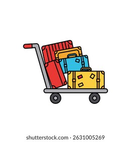 Ilustração em desenho animado de um carrinho de bagagem de hotel ou carrinho de aeroporto empilhado alto com várias malas e bolsas prontas para viagem