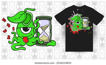 Cartoon illustration of hourglass and plant monster vector, suitable for t-shirt design, poster etc, eps 10, editable.