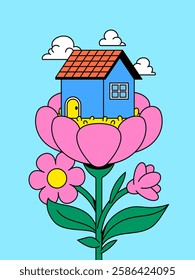 Cartoon illustration of a house nestled in a flower symbolizing comfort and nature cartoon illustration hand drawn vector