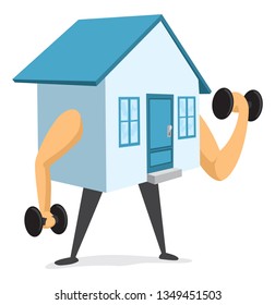 Cartoon illustration of house working out and getting stronger