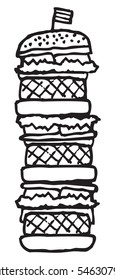 Cartoon illustration of huge black and white super burger