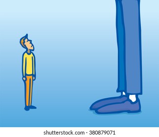 Cartoon illustration of huge contrast between small man and giant