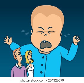 Cartoon illustration of huge crying baby and concerned parents