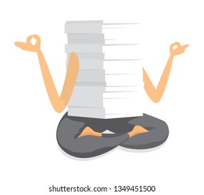 Cartoon illustration of huge paper stack meditating in yoga class