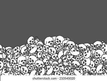 Cartoon illustration huge pile skulls as background texture
