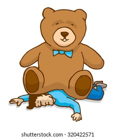 Cartoon illustration of huge teddy bear sitting on crushed man