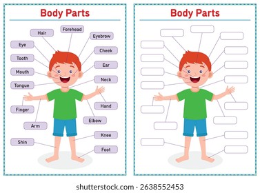 Cartoon illustration Human Body Parts Diagram activities Worksheet for Kindergarten student Kids and Teacher