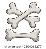 Cartoon illustration of a human bone set with skeleton elements, featuring a crossed Jolly Roger and pirate flag, ideal for playful dog toys and Halloween themes.