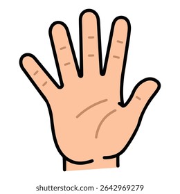Cartoon illustration of a human hand held up with five fingers spread. Can represent a high-five, stop signal, or a wave. Simple, clean design for icons or communication graphics.