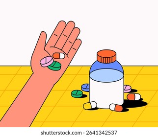Cartoon illustration human hand holding colorful pills, with a medicine bottle and scattered capsules on a yellow table  for use in healthcare, pharmacy, medication design background