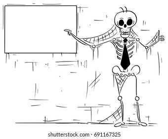Cartoon illustration of human skeleton of dead businessman, clerk, salesman or manager pointing at empty sign and showing thumbs up gesture.