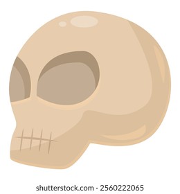 Cartoon illustration of a human skull with empty eyes and a stitched mouth, looking right, isolated on a white background