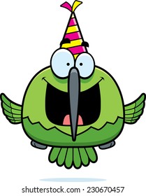 A cartoon illustration of a hummingbird with a party hat looking happy.