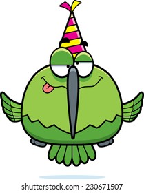 A cartoon illustration of a hummingbird with a party hat looking drunk.