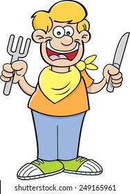Cartoon illustration of a hungry boy holding a knife and fork.