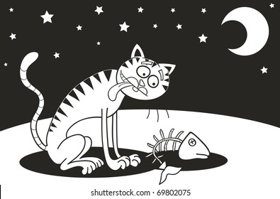Cartoon illustration of hungry homeless cat for coloring book