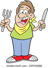 Cartoon illustration of a hungry man holding a knife and fork.