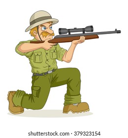 Cartoon Illustration Of A Hunter Aiming A Rifle