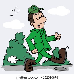 cartoon illustration of a hunter dressed in green walking down the road