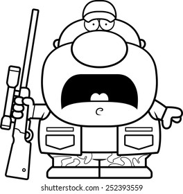 A cartoon illustration of a hunter looking scared.