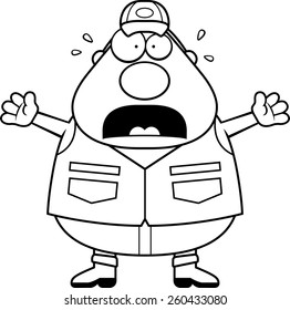 A cartoon illustration of a hunter looking scared.