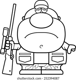 A cartoon illustration of a hunter with a sad expression.