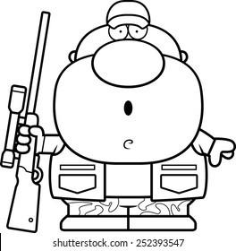 A cartoon illustration of a hunter with a surprised expression.