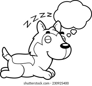 A cartoon illustration of a Husky sleeping and dreaming.