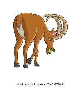 cartoon illustration an ibex walking in the middle of the meadow looking for food in the morning