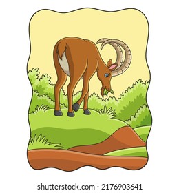 cartoon illustration an ibex walking in the middle of the meadow looking for food in the morning