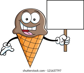 Cartoon illustration of an ice cream cone holding a sign.