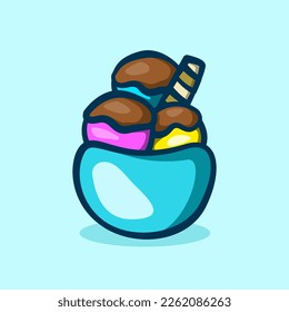 cartoon illustration of ice cream in cup with rolled wafer