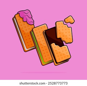 cartoon illustration of ice cream sandwich with vanilla biscuit with cream filling of matcha chocolate vanilla flavor and coated with melted strawberry pink chocolate. can be used for poster or cover