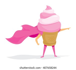 Cartoon illustration of ice cream super hero saving the day