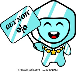 cartoon illustration of an ice cube mascot character with a carry now buy board, perfect for advertising or promotion