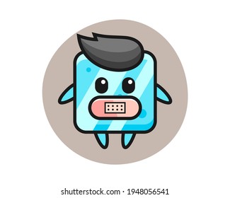 Cartoon illustration of ice cube with tape on mouth, cute style design for t shirt, sticker, logo element