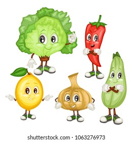 Cartoon Illustration of Ice Lettuce, Jalapeno, Lemon, Vidalia Onion and Zucchini. Set of Cute Veggie Mascots. Vector Illustration