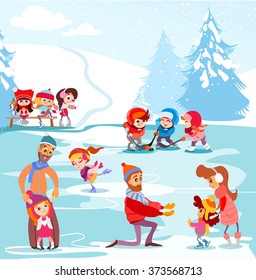 Cartoon illustration of ice rink in winter park with families and kids playing together,skating on ice and enjoying winter. Vector illustration