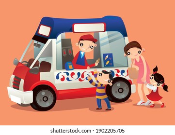 Cartoon Illustration Of An Ice-cream Truck Vendor In Hong Kong