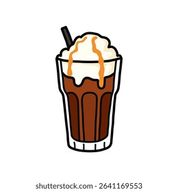 A cartoon illustration of an iced coffee drink topped with whipped cream and caramel, shown in a glass with a straw.