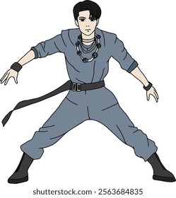 cartoon illustration of an idol performing on stage. pose like a ninja. a handsome model