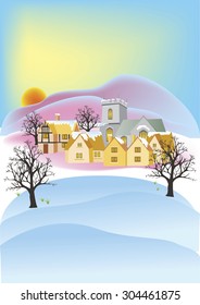 A cartoon illustration of an idyllic English village in winter with a church and several houses covered in snow.