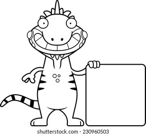 A cartoon illustration of an iguana with a sign.