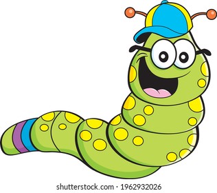 Cartoon illustration of an inchworm wearing a baseball cap and eyeglasses.