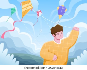 Cartoon illustration indian boy playing kite to celebrating Makar Sankranti festival. Kite festival tradition. Happy Makar Sankranti greeting card, postcard, banner, web, print, poster.