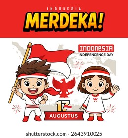 Cartoon illustration for Indonesia Independence Day. Features a happy boy and girl with the Indonesian flag.