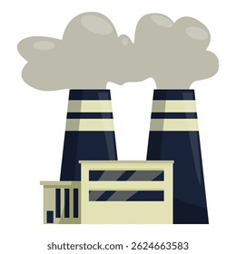 Cartoon illustration of an industrial factory building emitting pollution from its smokestacks