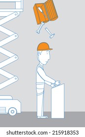 Cartoon illustration of industrial worker using his helmet in an accident