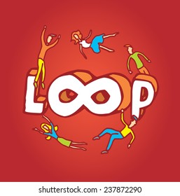 Cartoon illustration of an infinite loop word with people floating around